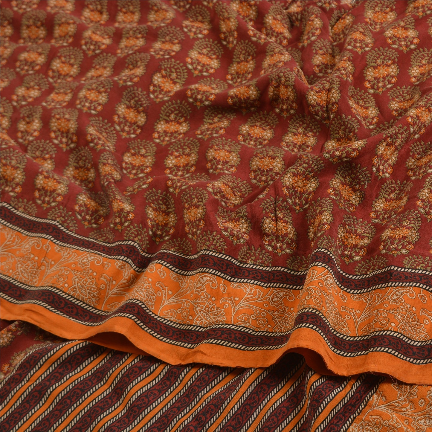 Sanskriti Vintage Sarees Red/Orange Pure Crepe Silk Printed Sari Craft Sustainable Fabric