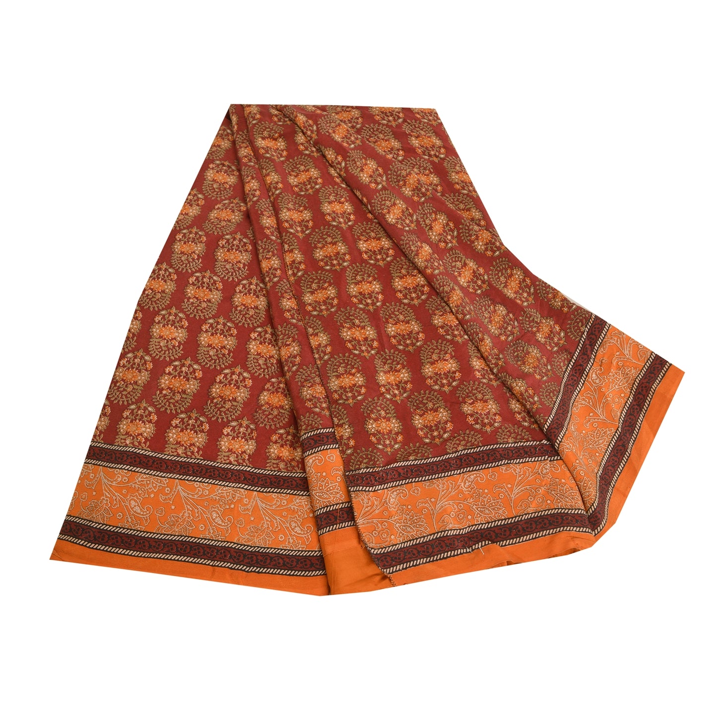 Sanskriti Vintage Sarees Red/Orange Pure Crepe Silk Printed Sari Craft Sustainable Fabric