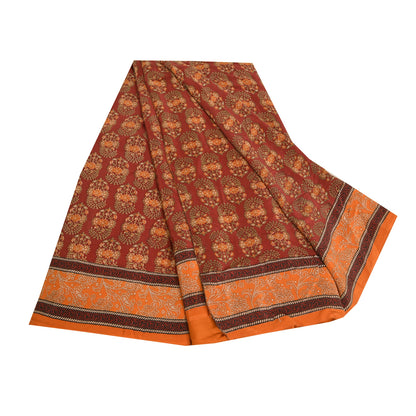 Sanskriti Vintage Sarees Red/Orange Pure Crepe Silk Printed Sari Craft Sustainable Fabric