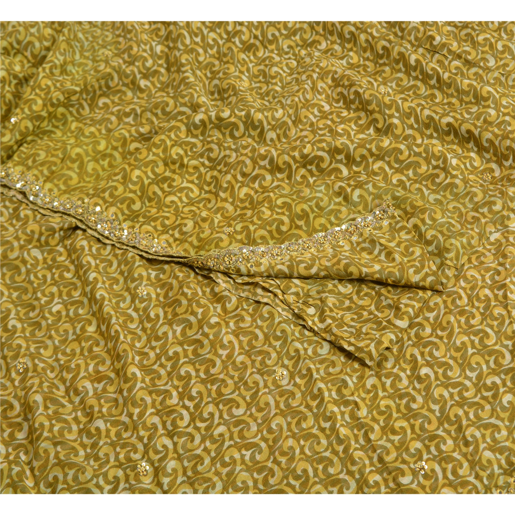 Sanskriti Vintage Sarees Green Hand Beaded Printed Pure Crepe Silk Sari Sustainable Fabric