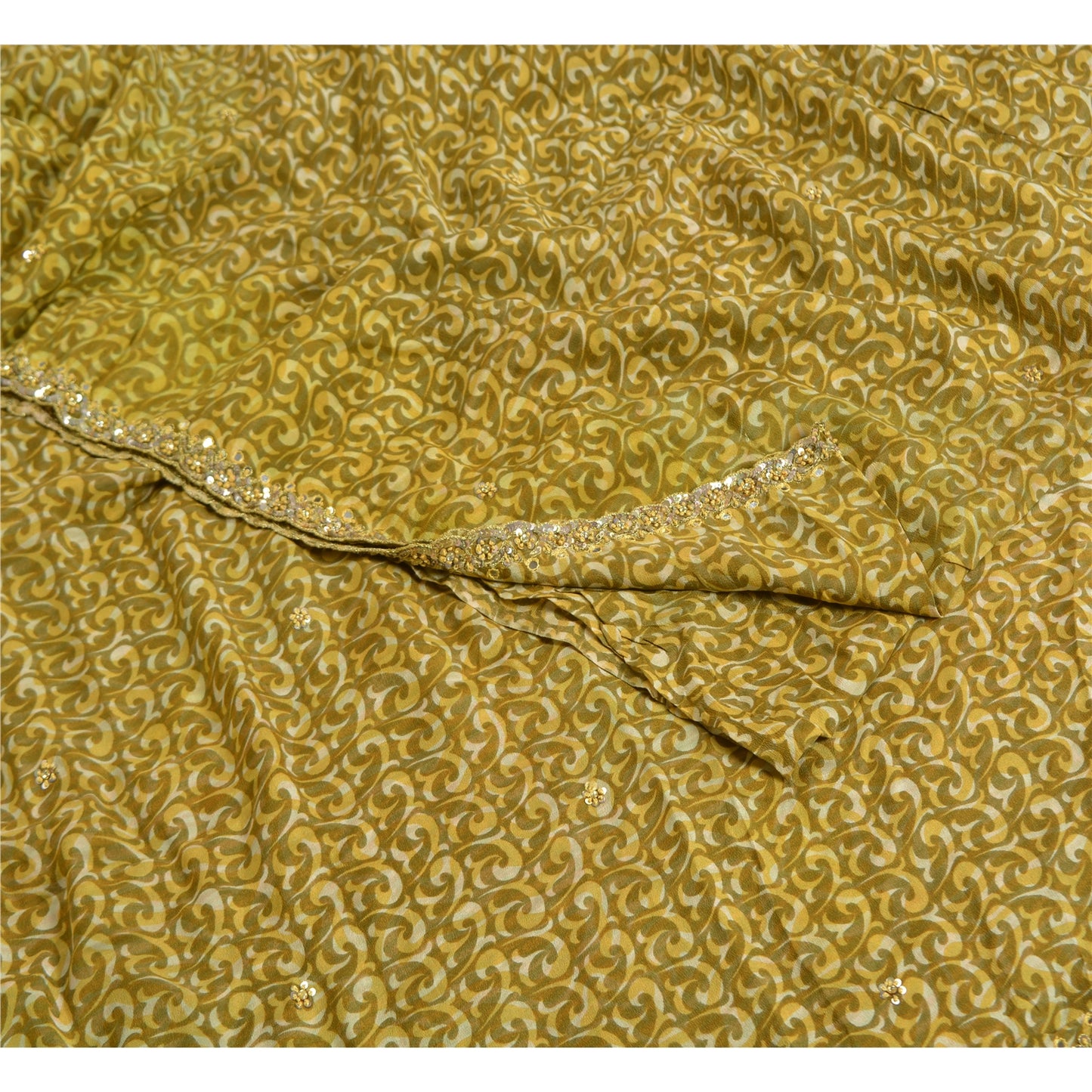 Sanskriti Vintage Sarees Green Hand Beaded Printed Pure Crepe Silk Sari Sustainable Fabric