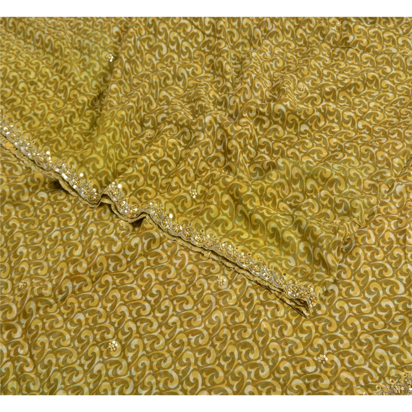 Sanskriti Vintage Sarees Green Hand Beaded Printed Pure Crepe Silk Sari Sustainable Fabric