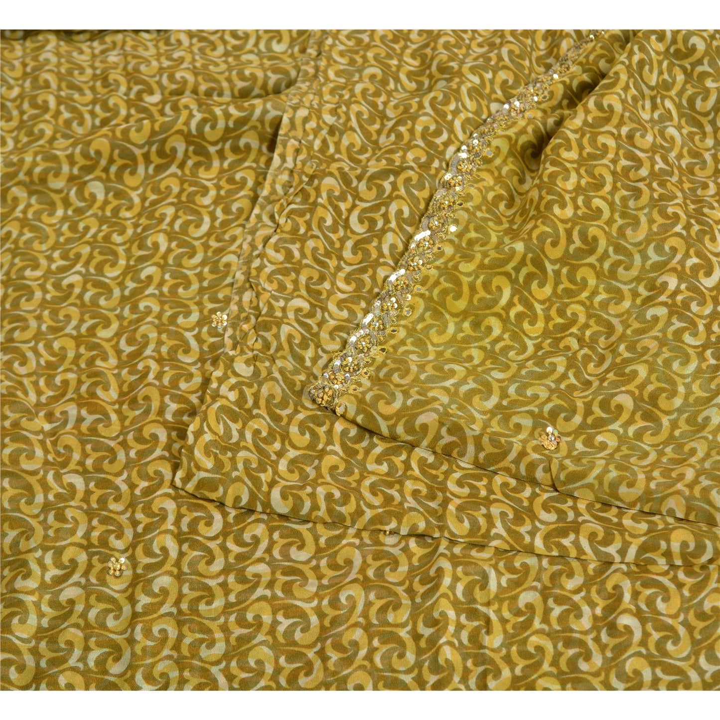 Sanskriti Vintage Sarees Green Hand Beaded Printed Pure Crepe Silk Sari Sustainable Fabric