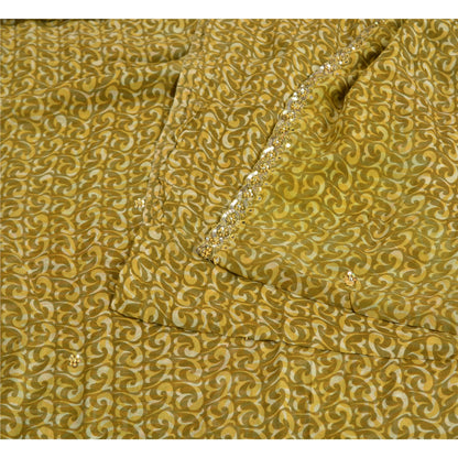 Sanskriti Vintage Sarees Green Hand Beaded Printed Pure Crepe Silk Sari Sustainable Fabric