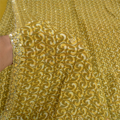 Sanskriti Vintage Sarees Green Hand Beaded Printed Pure Crepe Silk Sari Sustainable Fabric