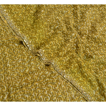 Sanskriti Vintage Sarees Green Hand Beaded Printed Pure Crepe Silk Sari Sustainable Fabric