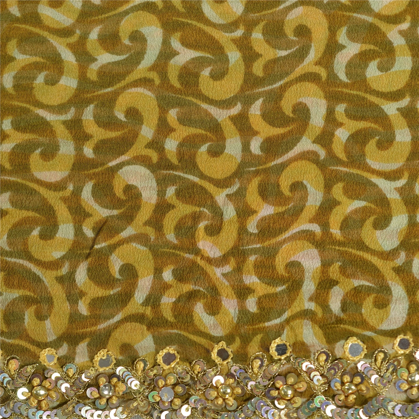 Sanskriti Vintage Sarees Green Hand Beaded Printed Pure Crepe Silk Sari Sustainable Fabric