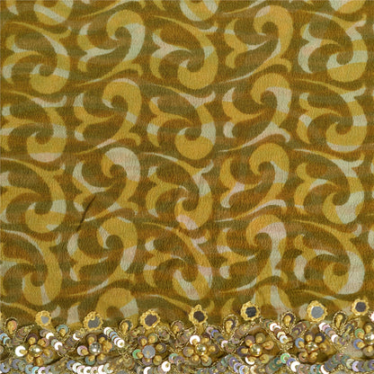 Sanskriti Vintage Sarees Green Hand Beaded Printed Pure Crepe Silk Sari Sustainable Fabric