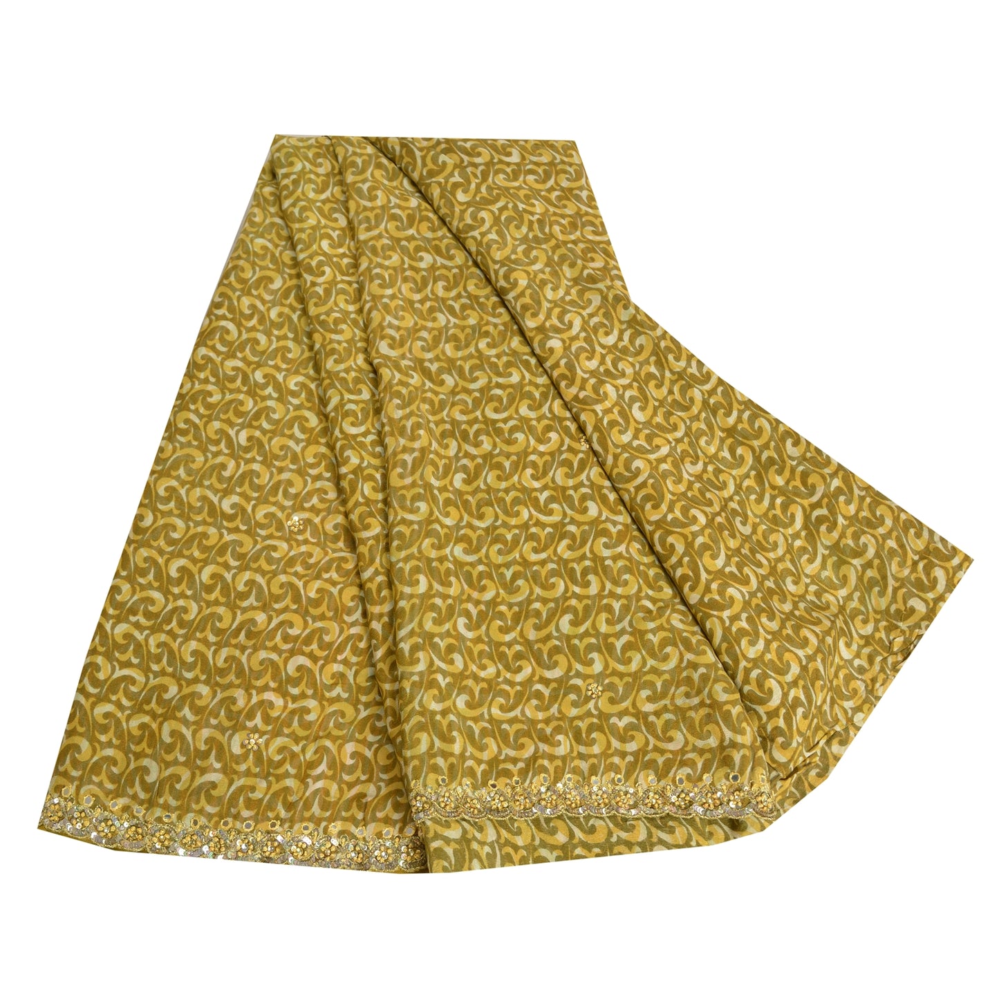 Sanskriti Vintage Sarees Green Hand Beaded Printed Pure Crepe Silk Sari Sustainable Fabric