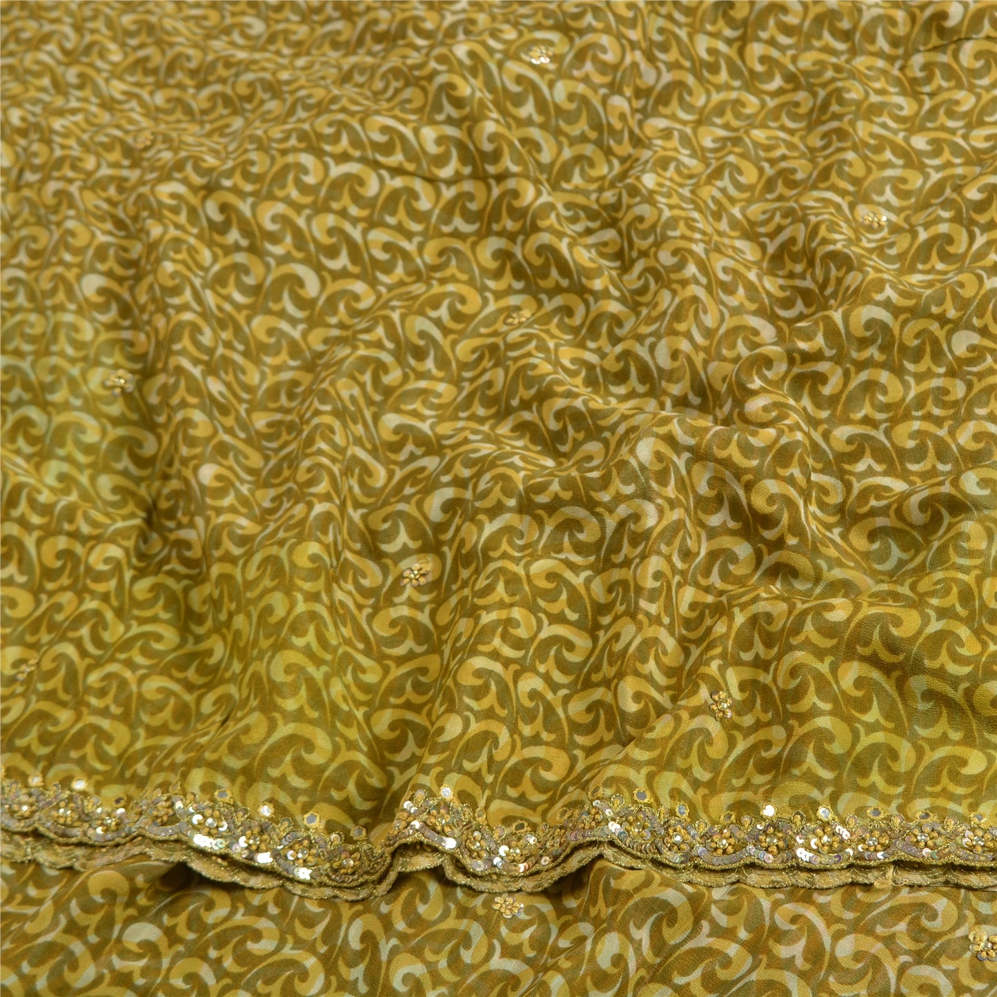 Sanskriti Vintage Sarees Green Hand Beaded Printed Pure Crepe Silk Sari Sustainable Fabric