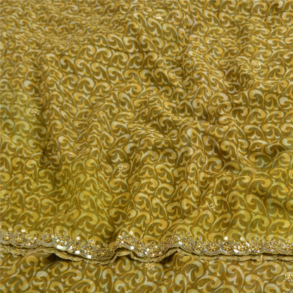 Sanskriti Vintage Sarees Green Hand Beaded Printed Pure Crepe Silk Sari Sustainable Fabric