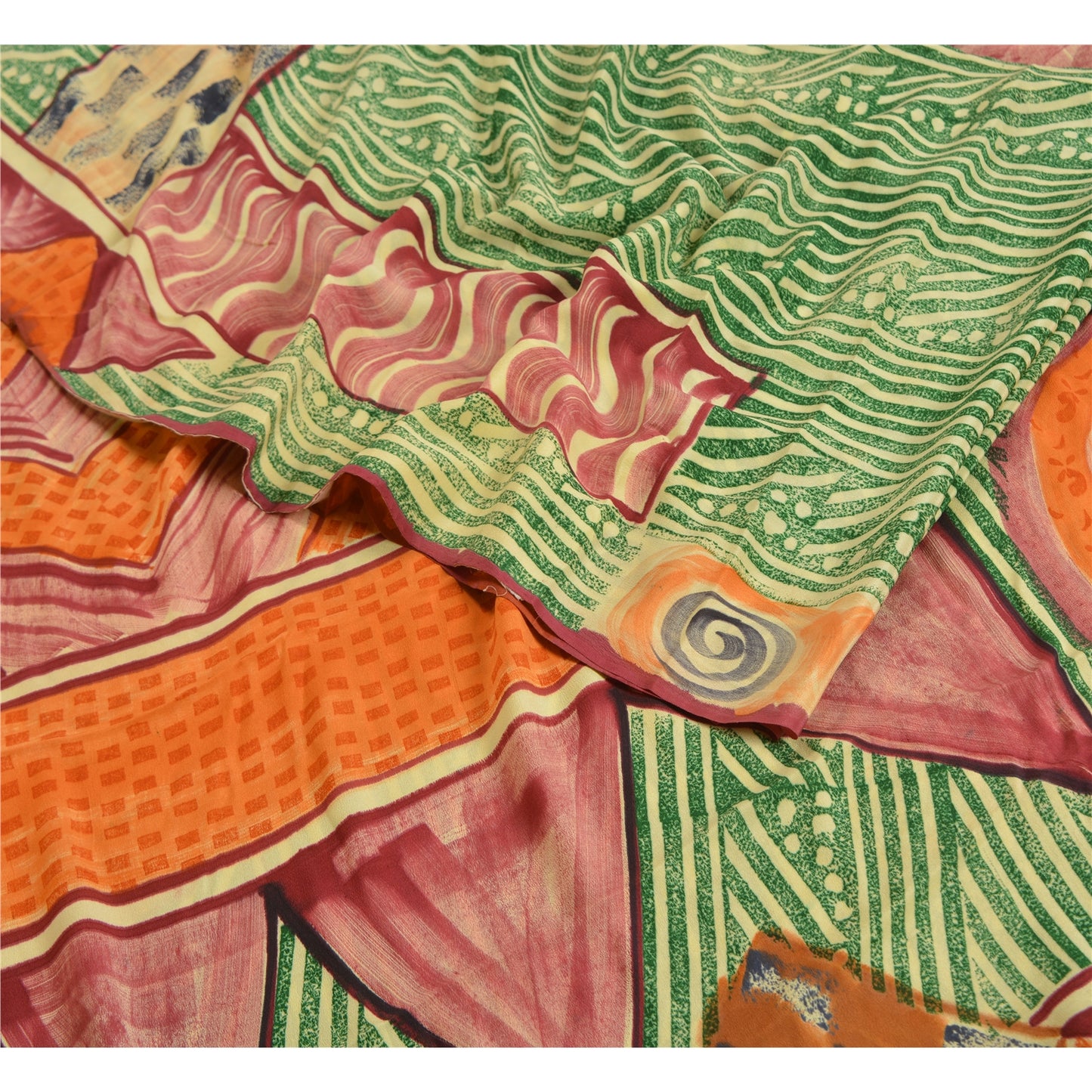 Sanskriti Vintage Sarees Green 100% Pure Crepe Silk Printed Sari Craft Sustainable Fabric