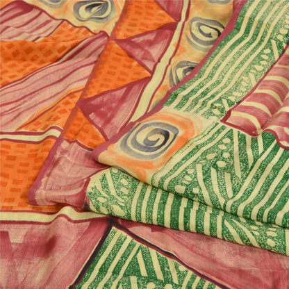 Sanskriti Vintage Sarees Green 100% Pure Crepe Silk Printed Sari Craft Sustainable Fabric
