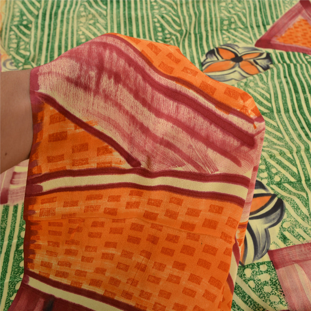 Sanskriti Vintage Sarees Green 100% Pure Crepe Silk Printed Sari Craft Sustainable Fabric