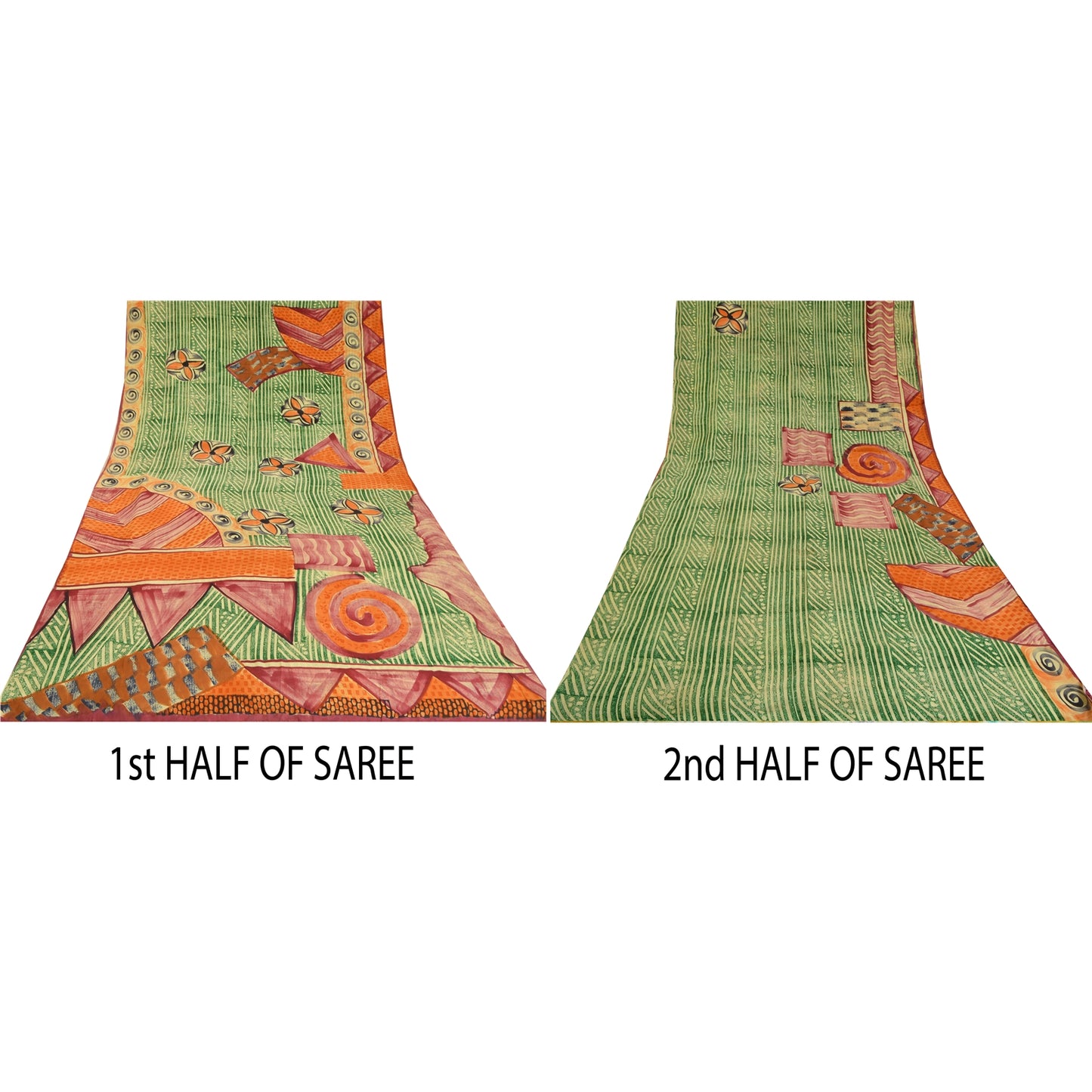 Sanskriti Vintage Sarees Green 100% Pure Crepe Silk Printed Sari Craft Sustainable Fabric