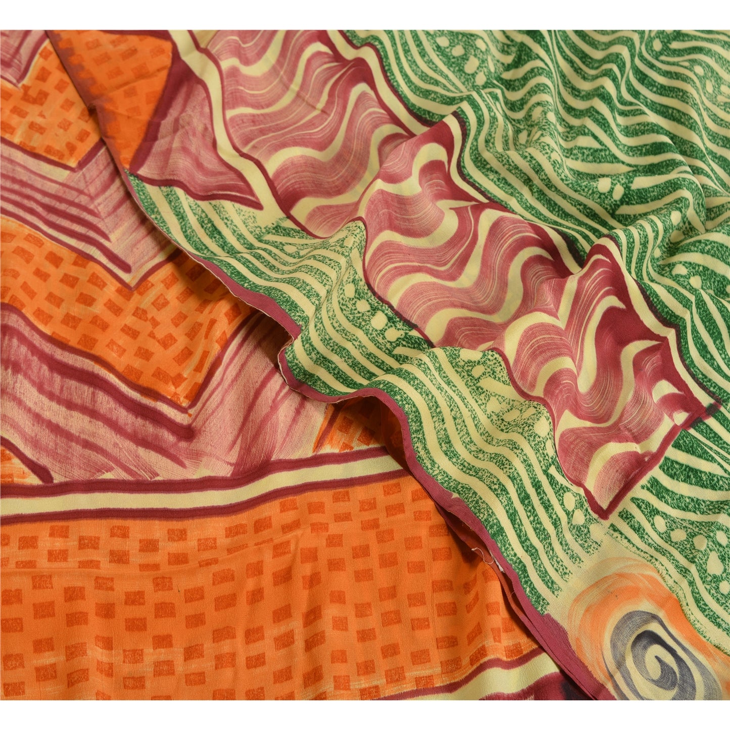 Sanskriti Vintage Sarees Green 100% Pure Crepe Silk Printed Sari Craft Sustainable Fabric