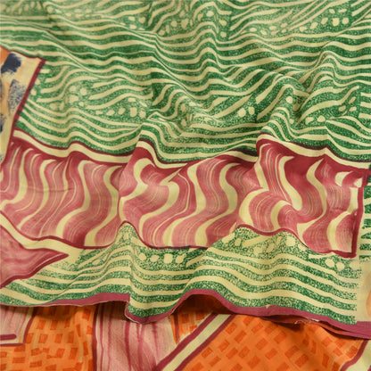 Sanskriti Vintage Sarees Green 100% Pure Crepe Silk Printed Sari Craft Sustainable Fabric