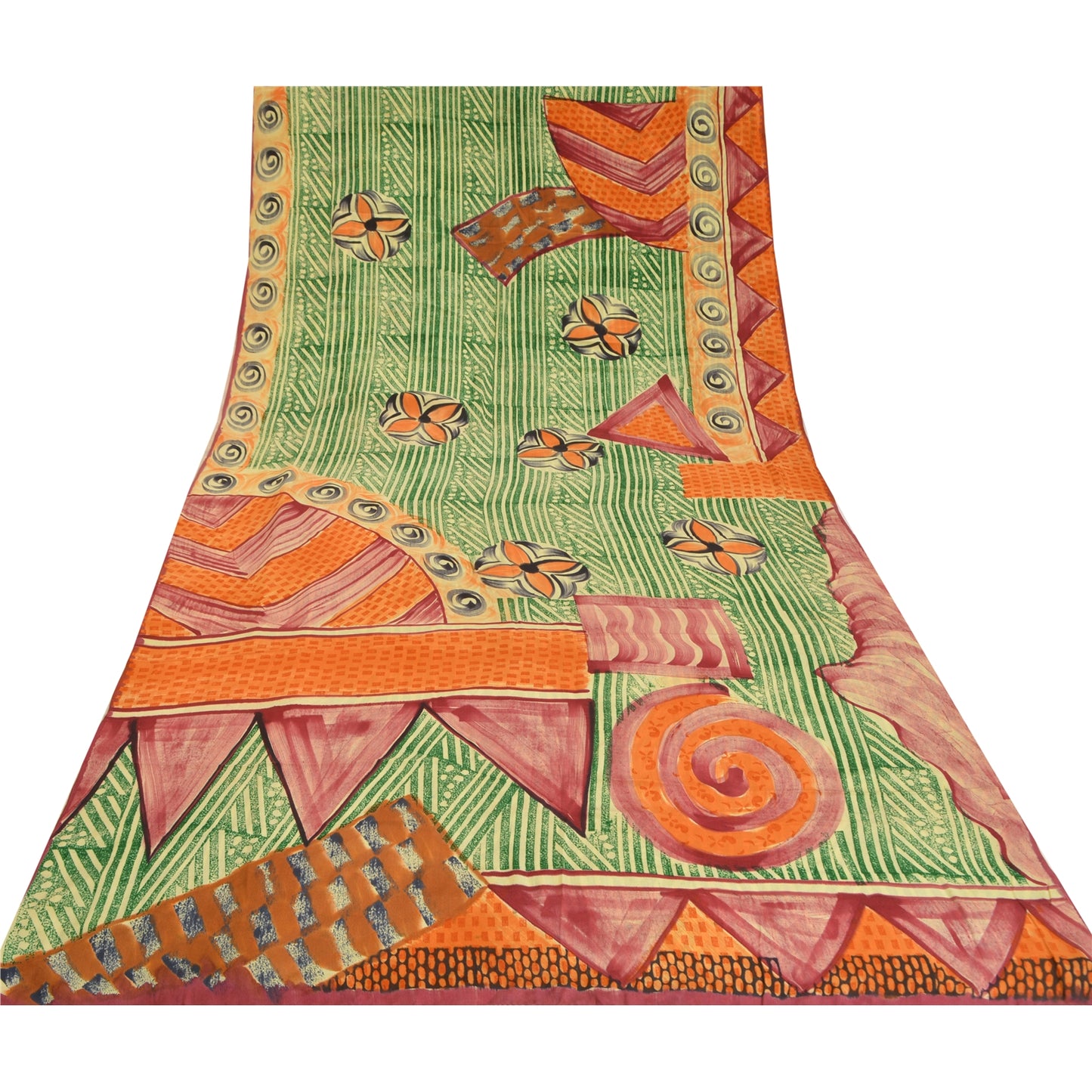 Sanskriti Vintage Sarees Green 100% Pure Crepe Silk Printed Sari Craft Sustainable Fabric