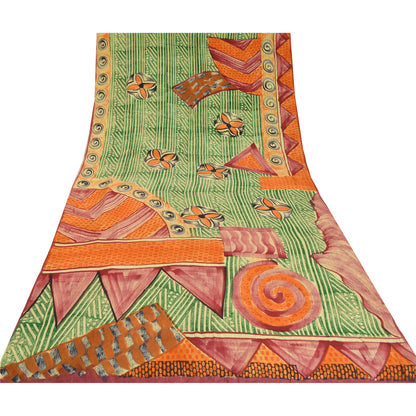 Sanskriti Vintage Sarees Green 100% Pure Crepe Silk Printed Sari Craft Sustainable Fabric