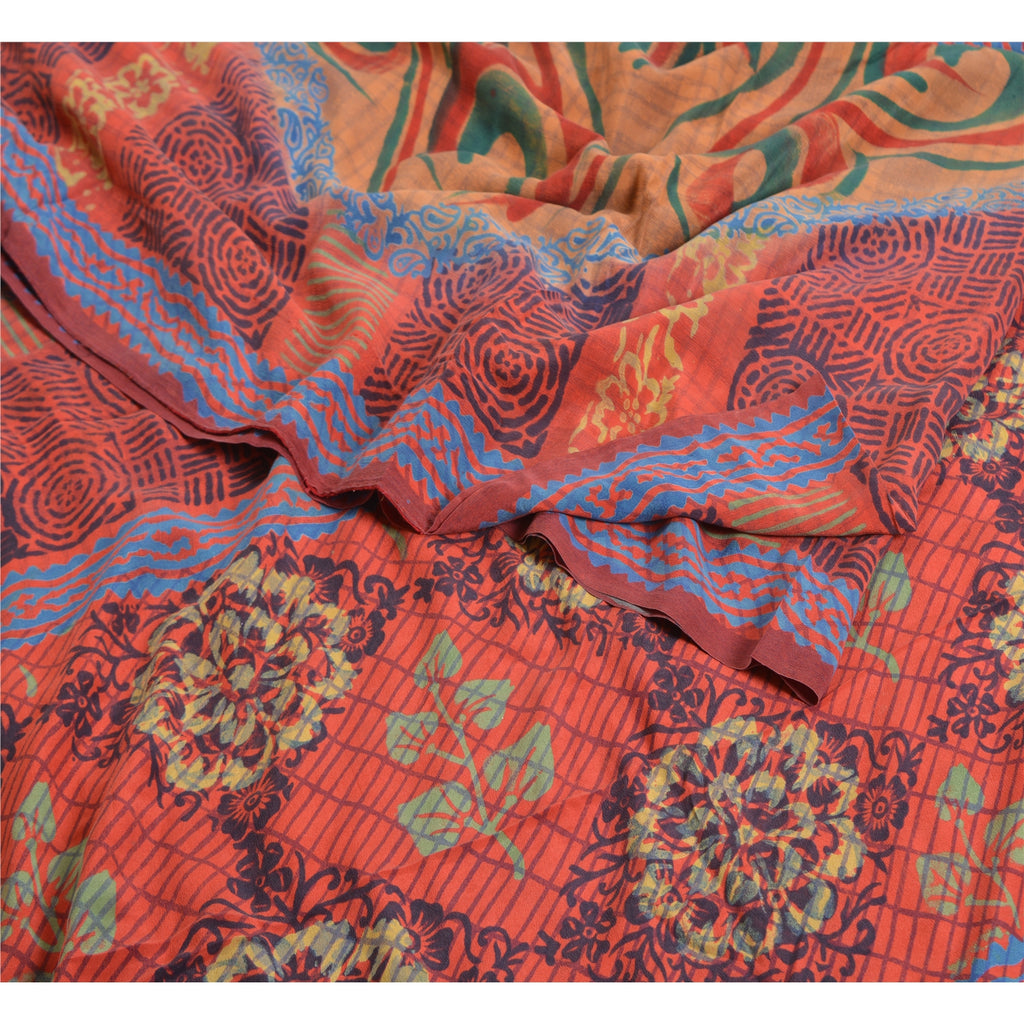Sanskriti Vintage Sarees Indian Red Pure Crepe Silk Printed Sari Craft Sustainable Fabric