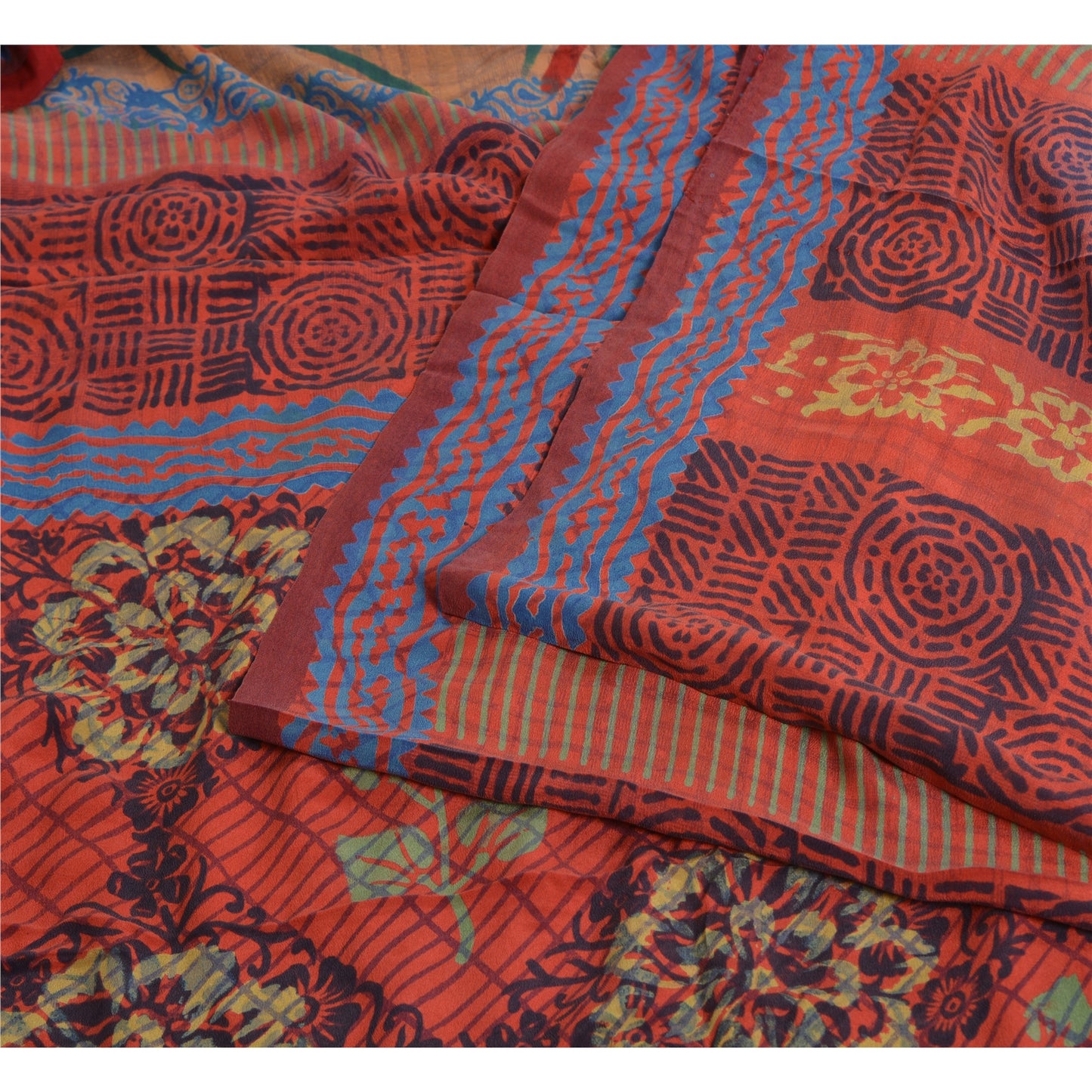 Sanskriti Vintage Sarees Indian Red Pure Crepe Silk Printed Sari Craft Sustainable Fabric