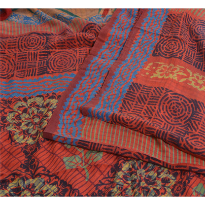 Sanskriti Vintage Sarees Indian Red Pure Crepe Silk Printed Sari Craft Sustainable Fabric