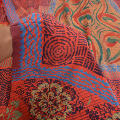Sanskriti Vintage Sarees Indian Red Pure Crepe Silk Printed Sari Craft Sustainable Fabric