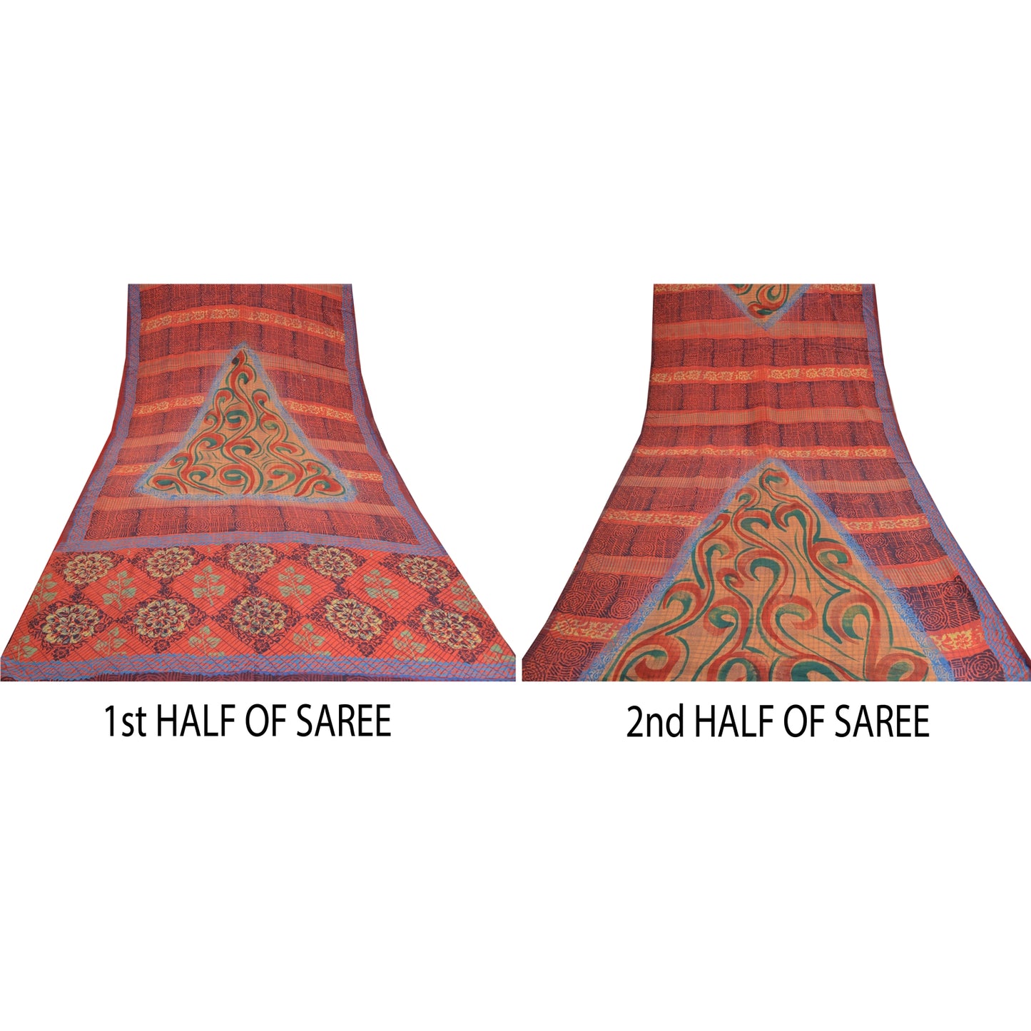 Sanskriti Vintage Sarees Indian Red Pure Crepe Silk Printed Sari Craft Sustainable Fabric