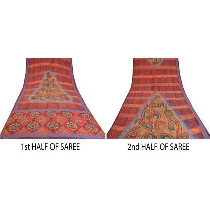 Sanskriti Vintage Sarees Indian Red Pure Crepe Silk Printed Sari Craft Sustainable Fabric
