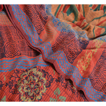 Sanskriti Vintage Sarees Indian Red Pure Crepe Silk Printed Sari Craft Sustainable Fabric