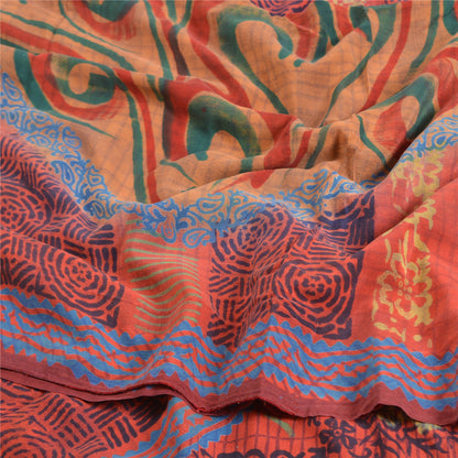 Sanskriti Vintage Sarees Indian Red Pure Crepe Silk Printed Sari Craft Sustainable Fabric