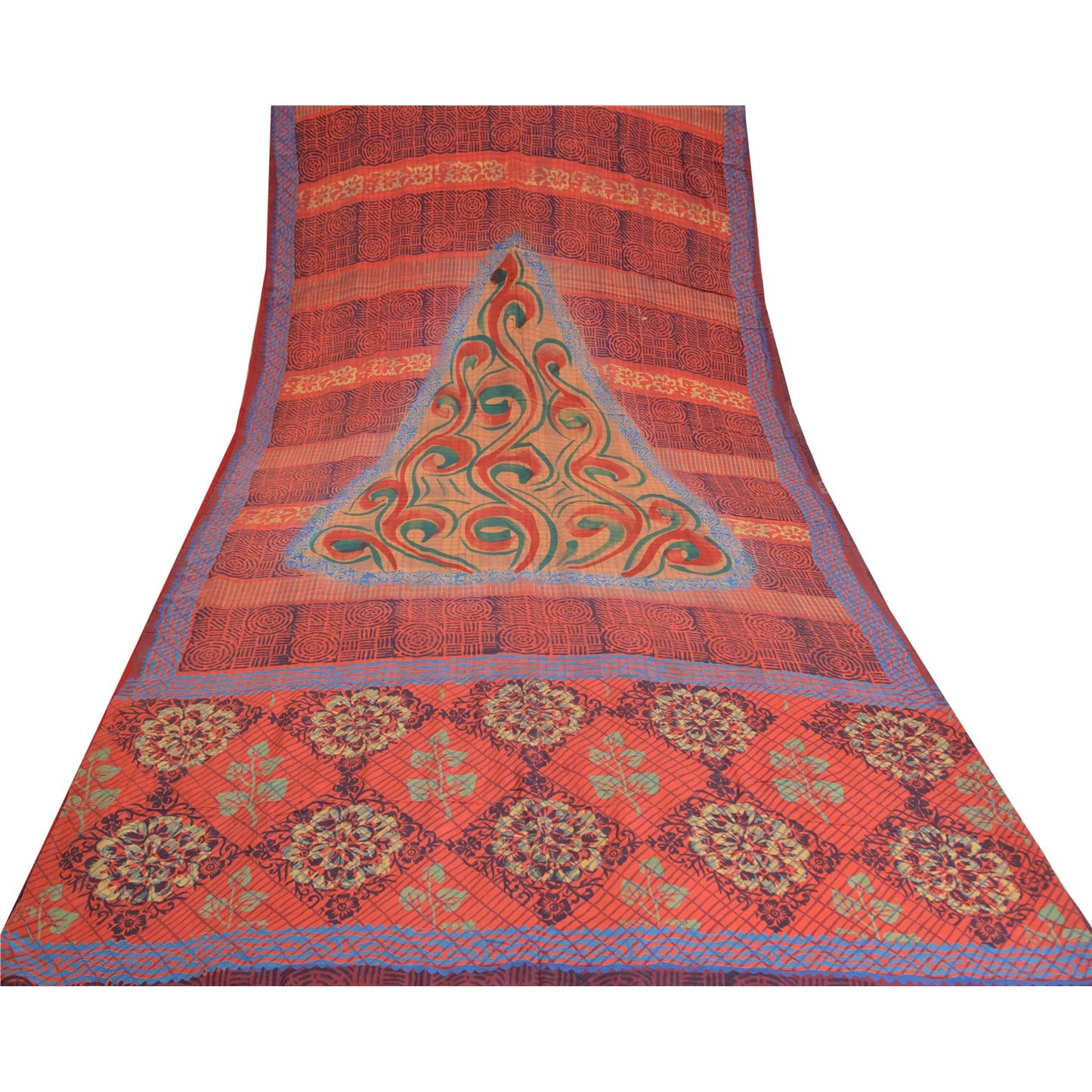 Sanskriti Vintage Sarees Indian Red Pure Crepe Silk Printed Sari Craft Sustainable Fabric