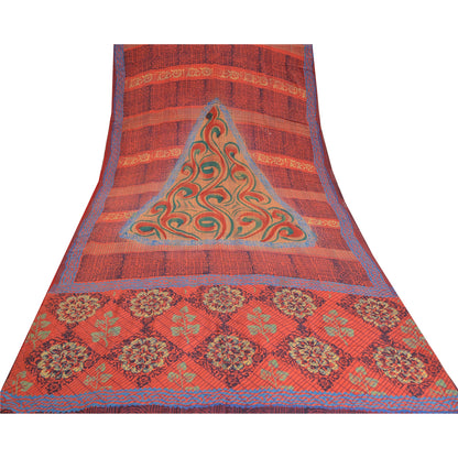 Sanskriti Vintage Sarees Indian Red Pure Crepe Silk Printed Sari Craft Sustainable Fabric