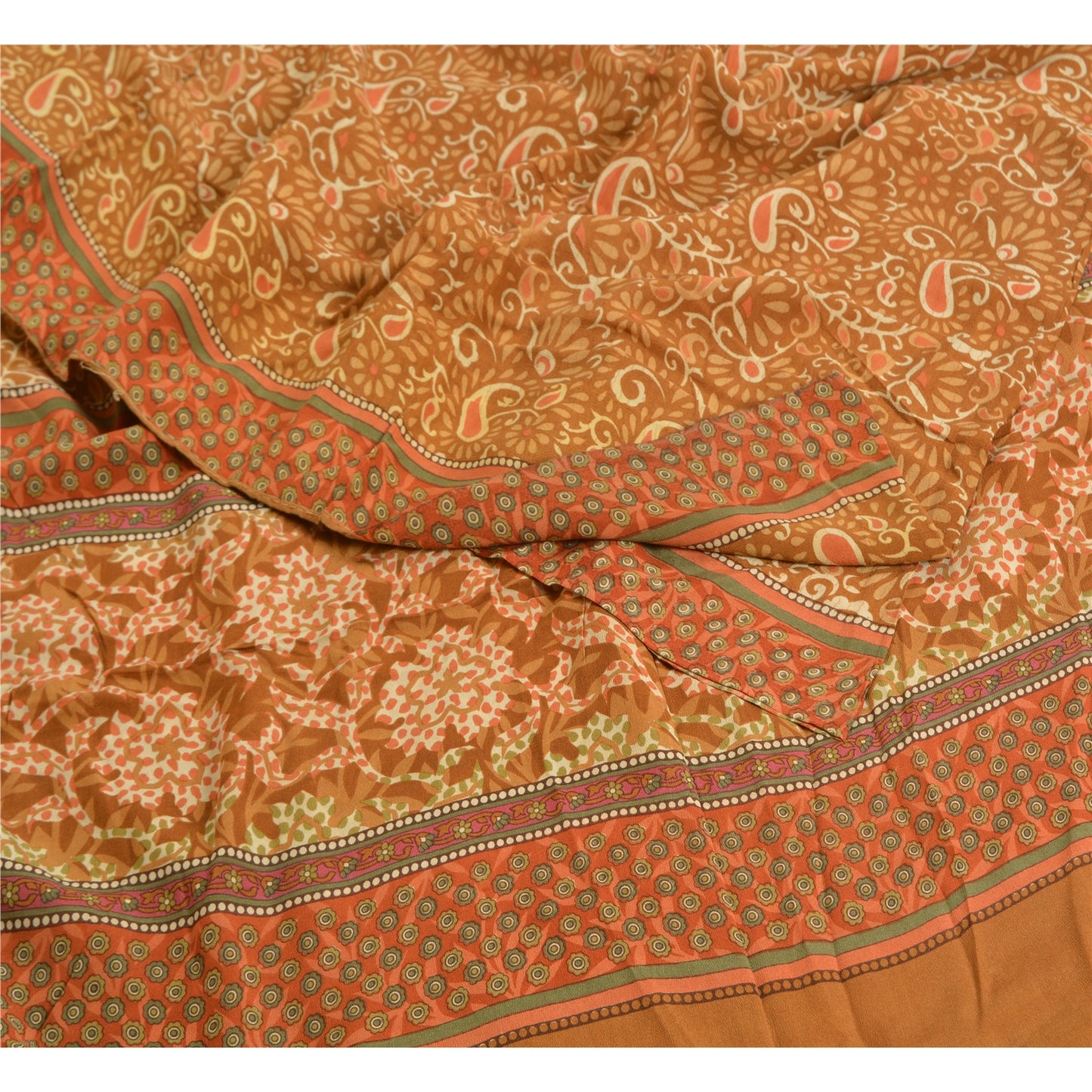Sanskriti Vintage Sarees Indian Brown Pure Crepe Silk Printed Sari Craft Sustainable Fabric