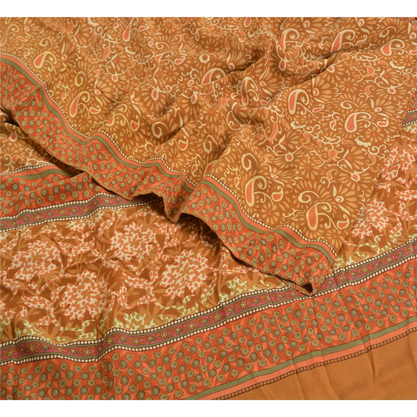 Sanskriti Vintage Sarees Indian Brown Pure Crepe Silk Printed Sari Craft Sustainable Fabric