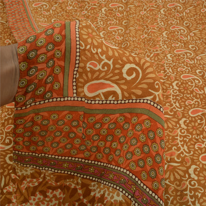 Sanskriti Vintage Sarees Indian Brown Pure Crepe Silk Printed Sari Craft Sustainable Fabric