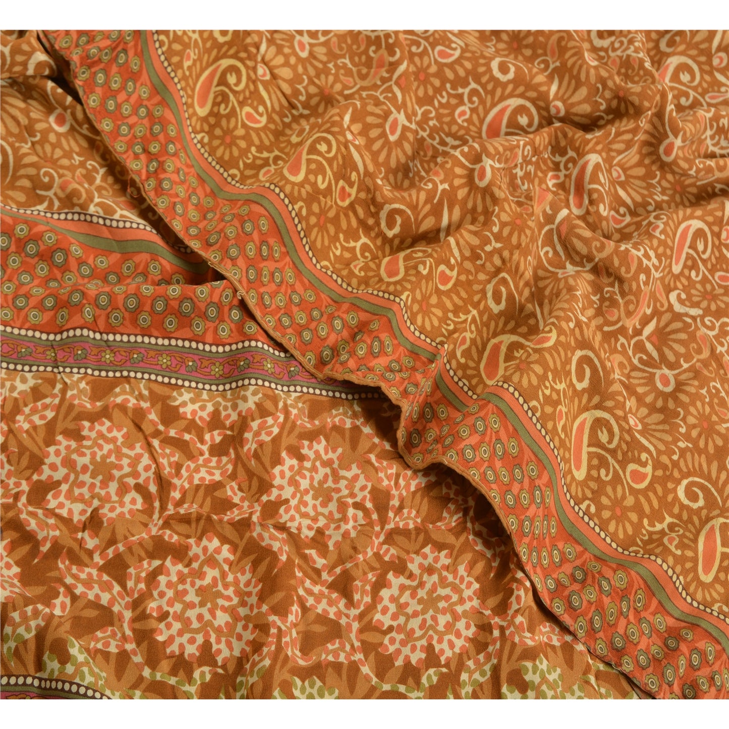Sanskriti Vintage Sarees Indian Brown Pure Crepe Silk Printed Sari Craft Sustainable Fabric