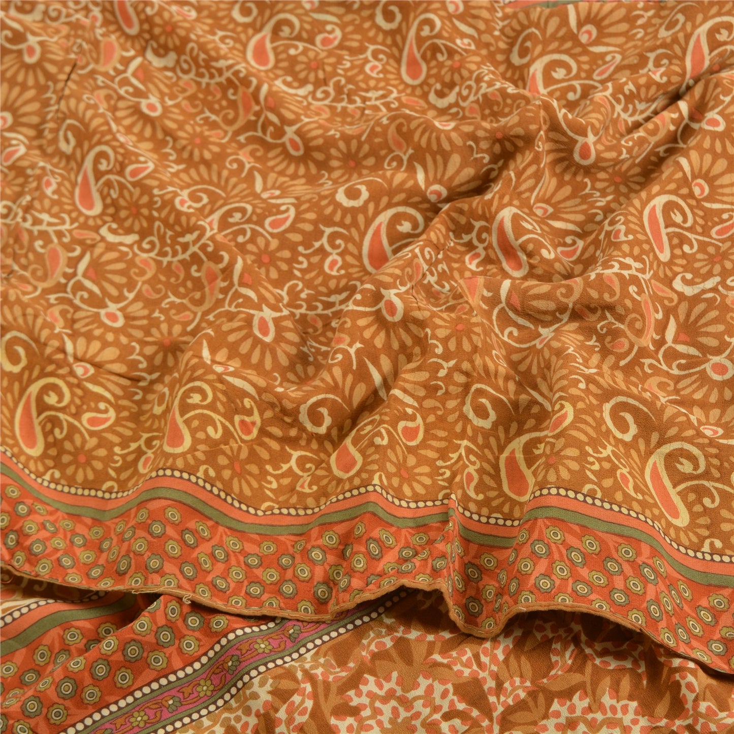 Sanskriti Vintage Sarees Indian Brown Pure Crepe Silk Printed Sari Craft Sustainable Fabric