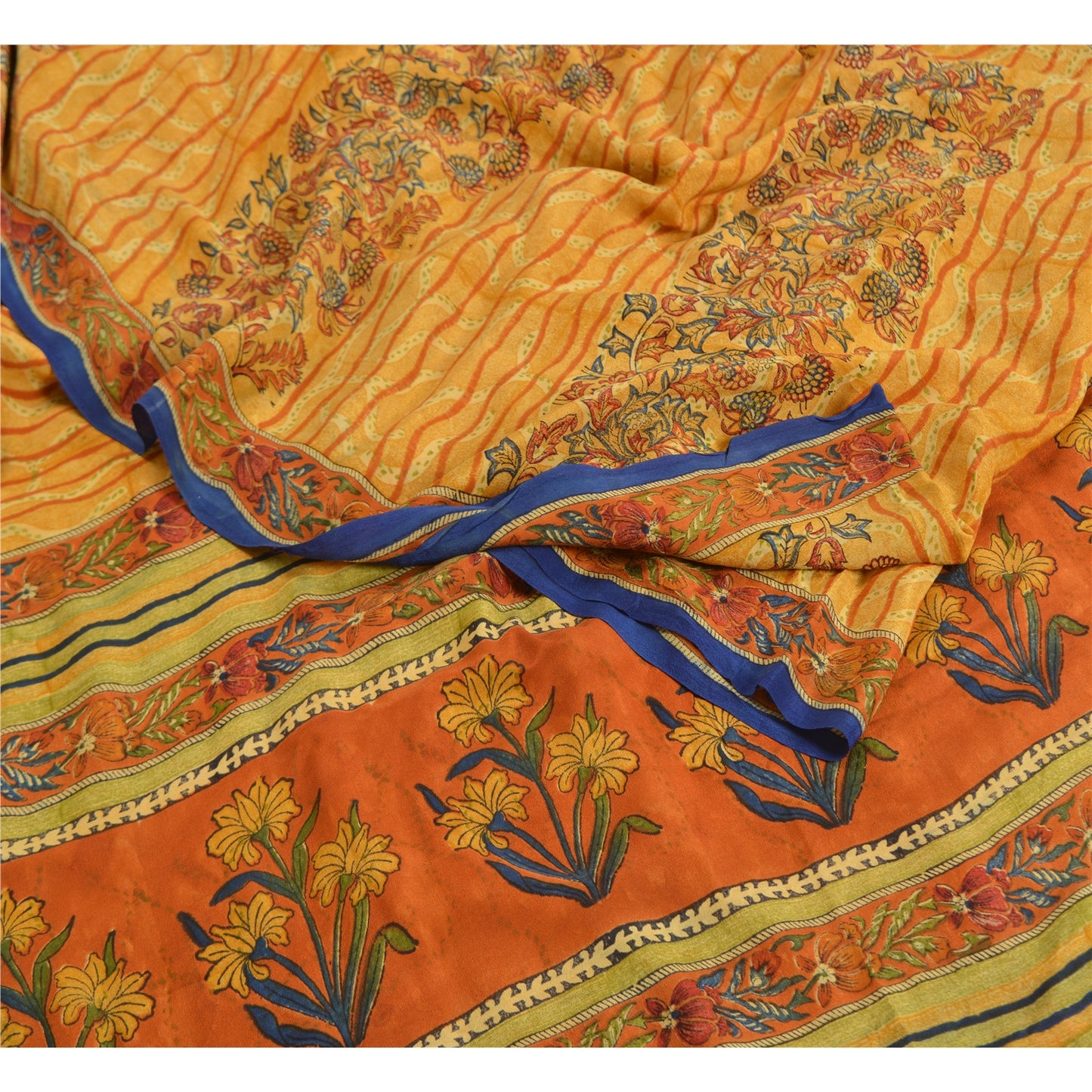 Sanskriti Vintage Sarees Saffron Indian Pure Crepe Silk Print Sari Craft Sustainable Fabric