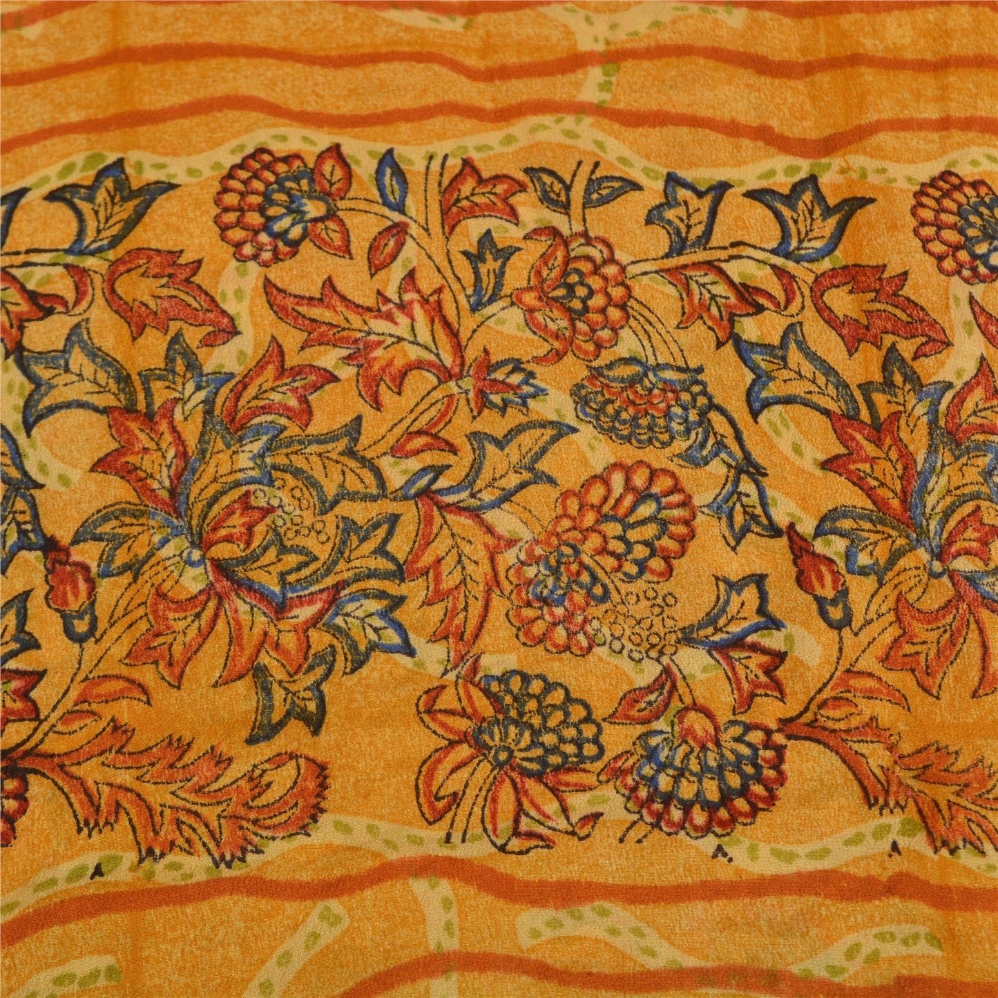 Sanskriti Vintage Sarees Saffron Indian Pure Crepe Silk Print Sari Craft Sustainable Fabric