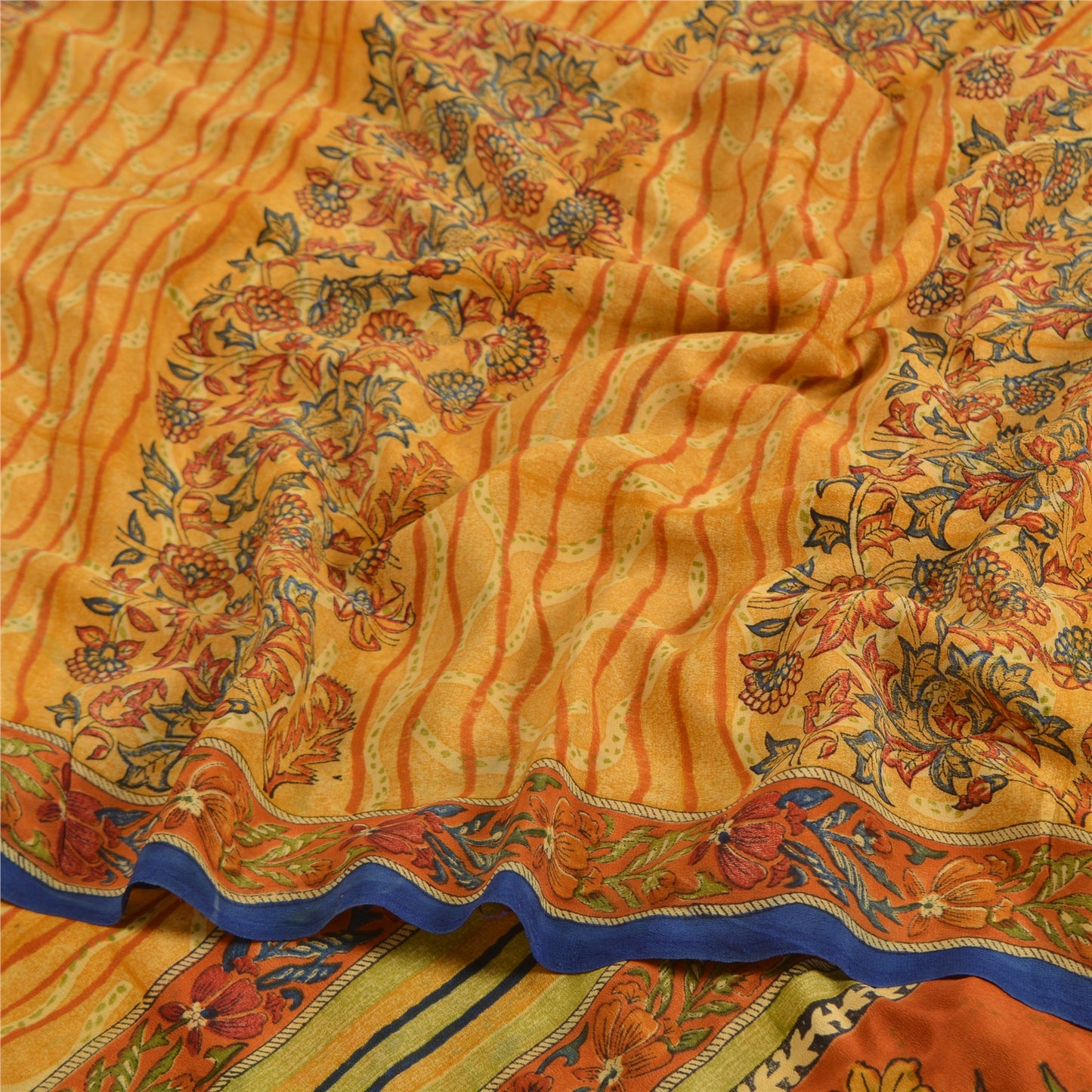 Sanskriti Vintage Sarees Saffron Indian Pure Crepe Silk Print Sari Craft Sustainable Fabric