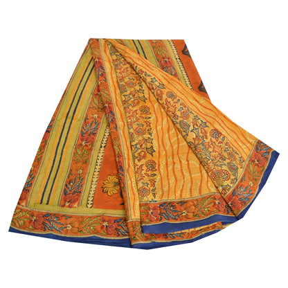 Sanskriti Vintage Sarees Saffron Indian Pure Crepe Silk Print Sari Craft Sustainable Fabric