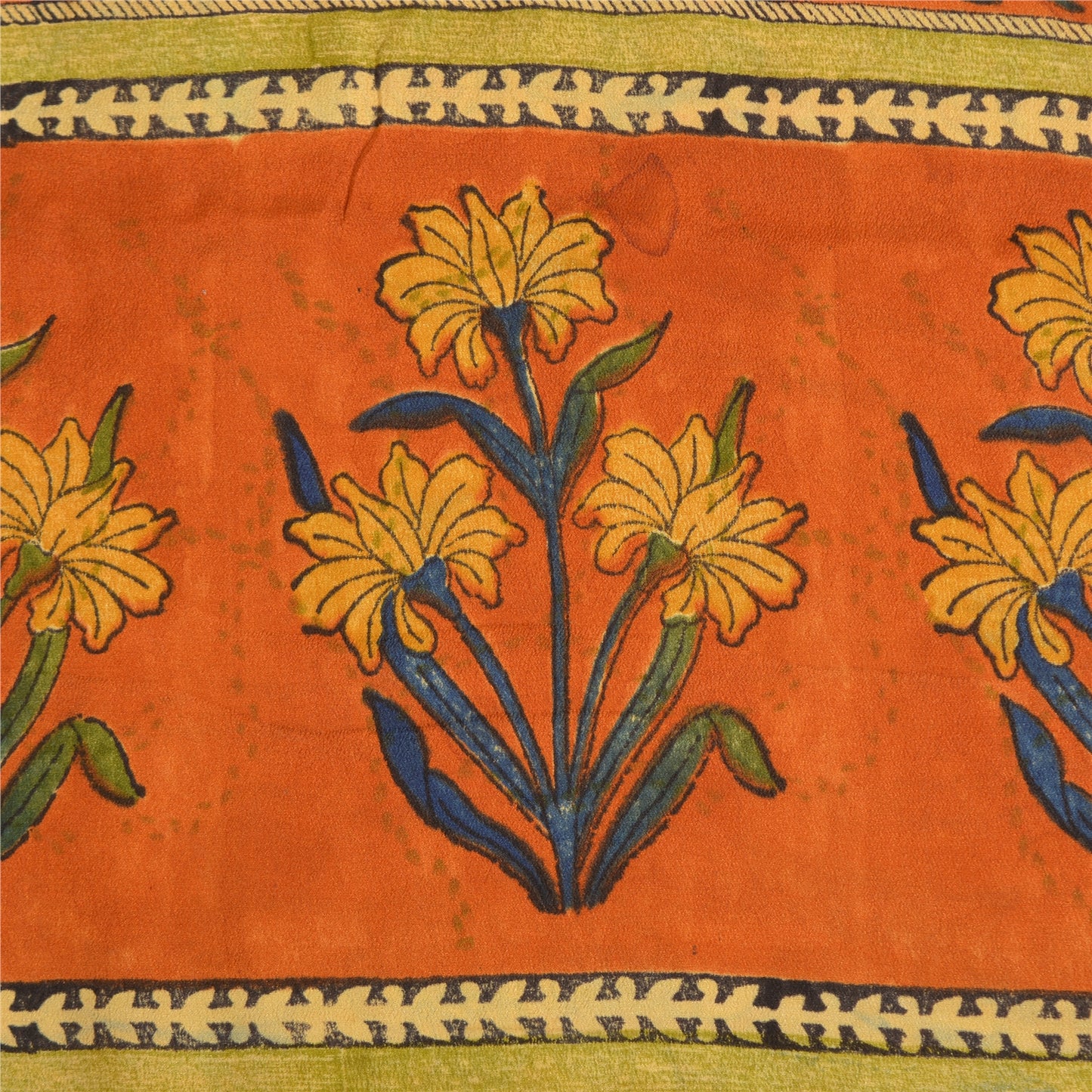 Sanskriti Vintage Sarees Saffron Indian Pure Crepe Silk Print Sari Craft Sustainable Fabric