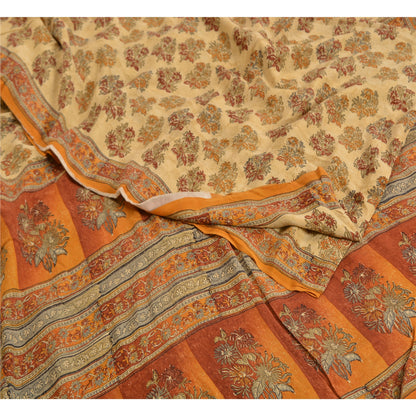 Sanskriti Vintage Sarees Indian Cream Pure Crepe Silk Printed Sari Craft Sustainable Fabric