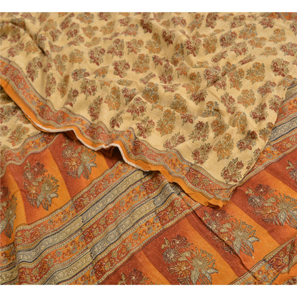 Sanskriti Vintage Sarees Indian Cream Pure Crepe Silk Printed Sari Craft Sustainable Fabric