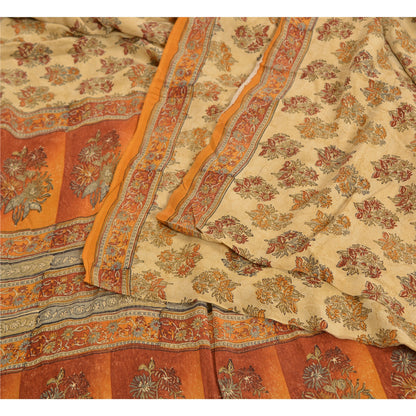 Sanskriti Vintage Sarees Indian Cream Pure Crepe Silk Printed Sari Craft Sustainable Fabric