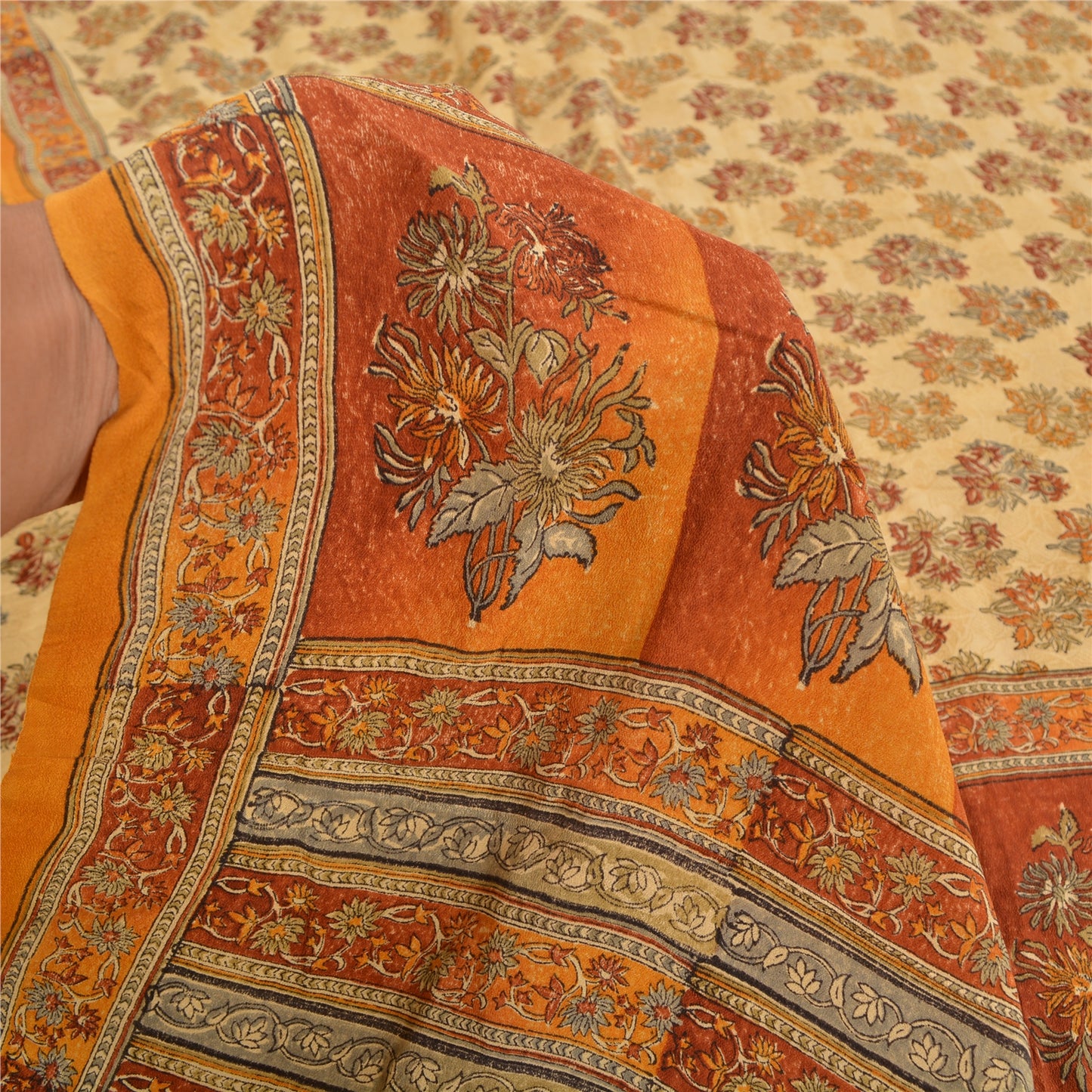 Sanskriti Vintage Sarees Indian Cream Pure Crepe Silk Printed Sari Craft Sustainable Fabric