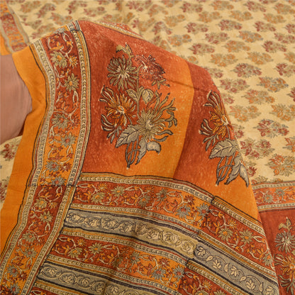 Sanskriti Vintage Sarees Indian Cream Pure Crepe Silk Printed Sari Craft Sustainable Fabric