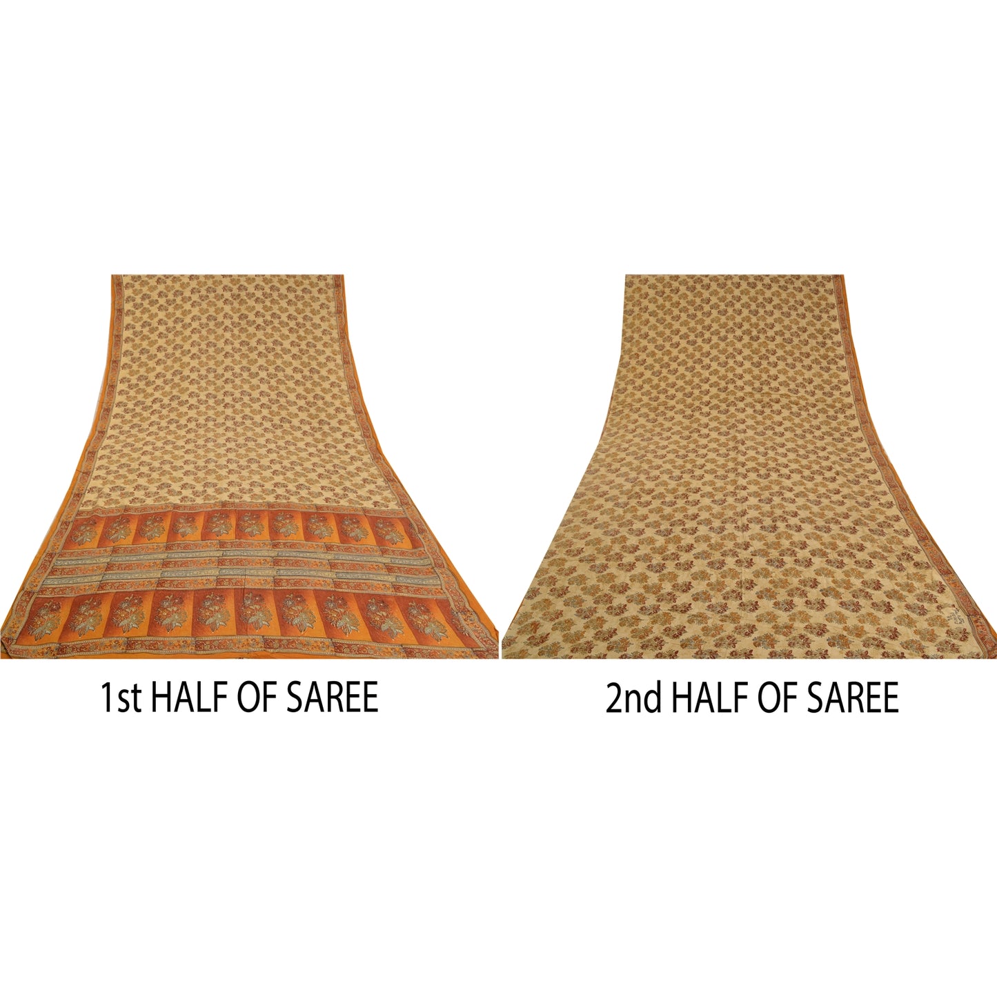 Sanskriti Vintage Sarees Indian Cream Pure Crepe Silk Printed Sari Craft Sustainable Fabric