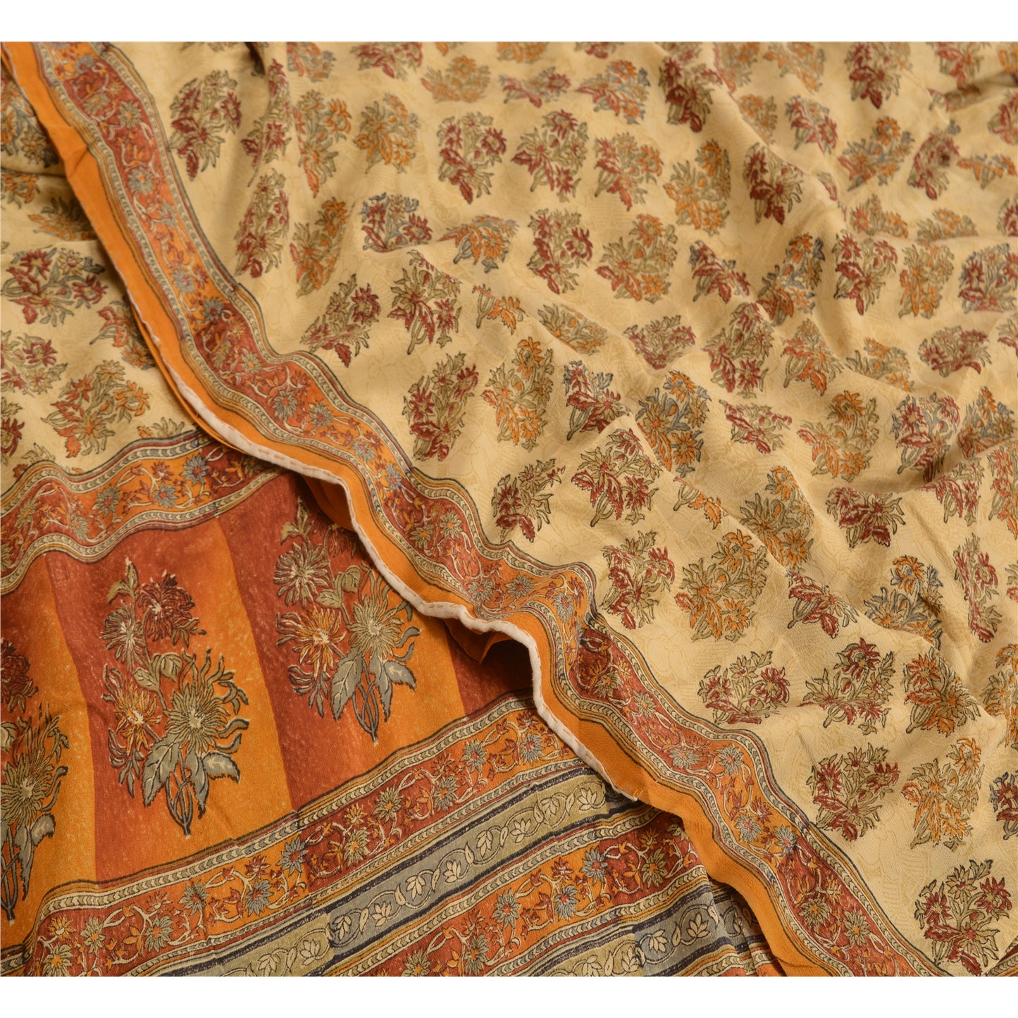 Sanskriti Vintage Sarees Indian Cream Pure Crepe Silk Printed Sari Craft Sustainable Fabric
